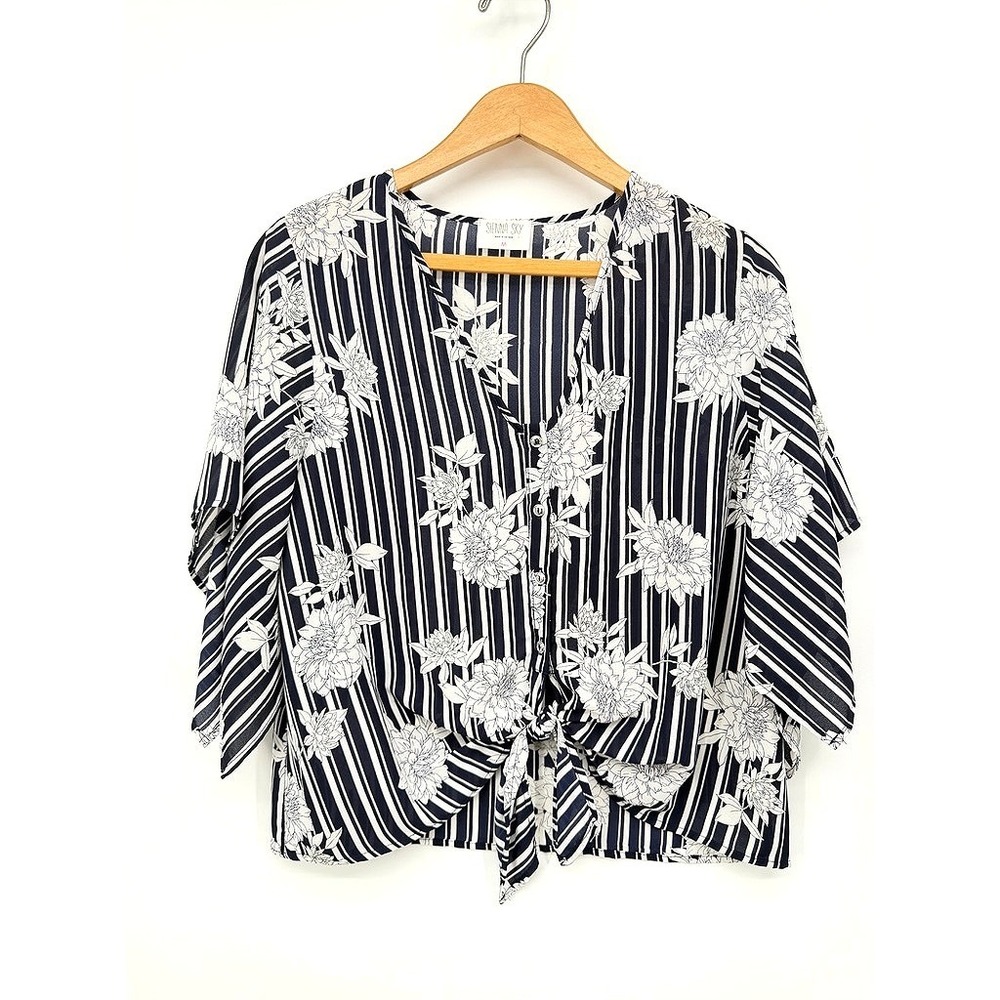 Sienna Sky Blouse Striped Floral Tie Front Short Sleeve Top Semi Sheer Boho M